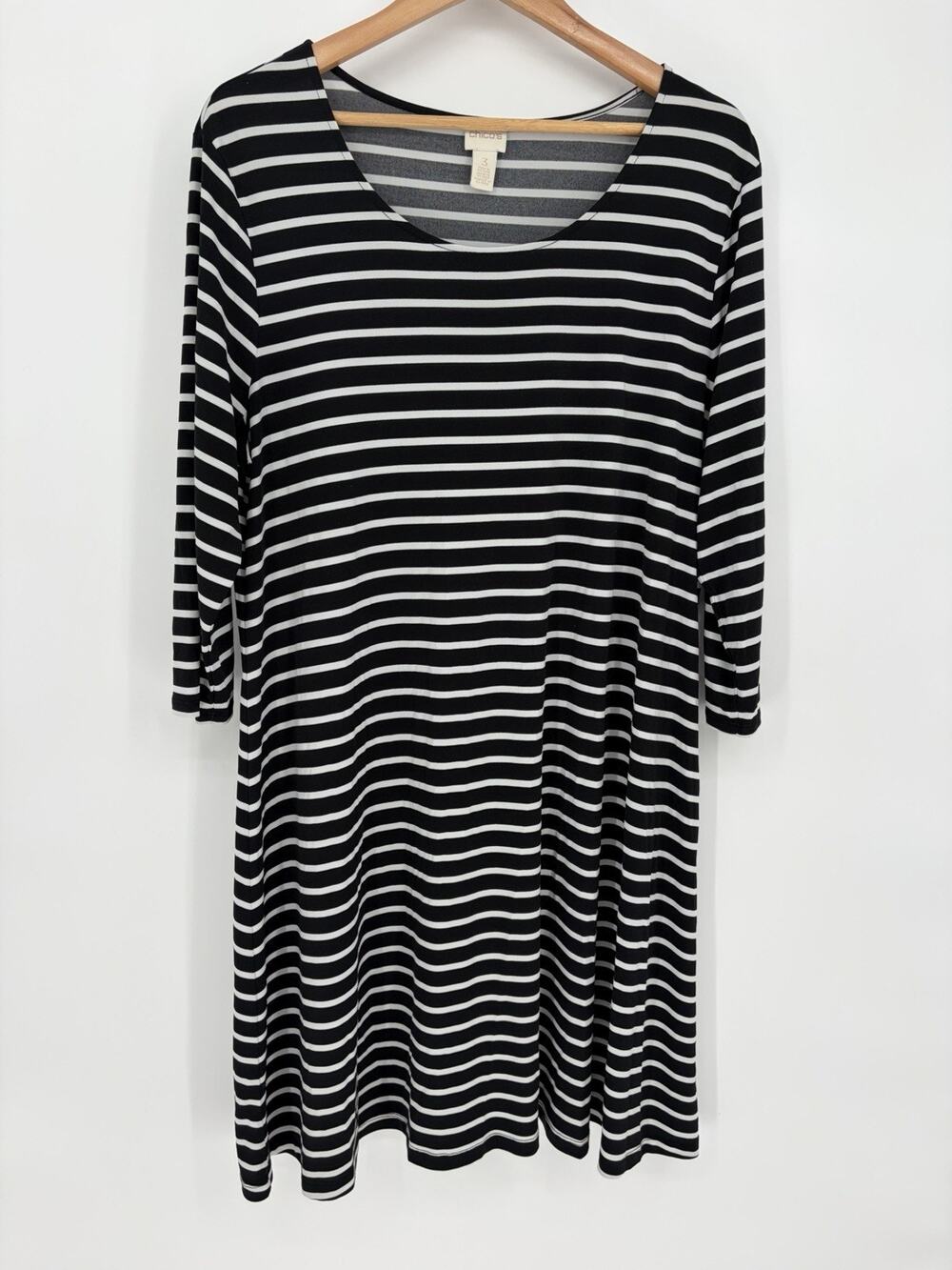 Chico's Black White Swing Stripe Dress Stretch Midi Sz 3 XL 16 18 Comfort